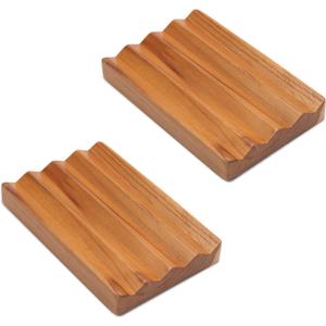 Teak Soap Dish for Shower Pack of 2 by HTB, Wood Decorative Bath Soap Holder Heightened Base Design to Keep Soap Dry in Kitchen, Bathroom, Sink, Bathtub, Wooden Soap Saver for Hand Face Shampoo Bar