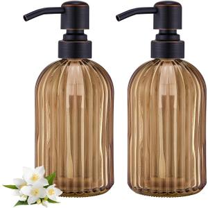 16 OZ Amber Glass Soap Dispenser, Amber Stripe Bathroom Hand Soap Dispensers with Stainless Steel Bronze Pump,Brown Glass Kitchen Hand Soap Dispenser with Oil Rubbed Bronze Pump,2 Packs