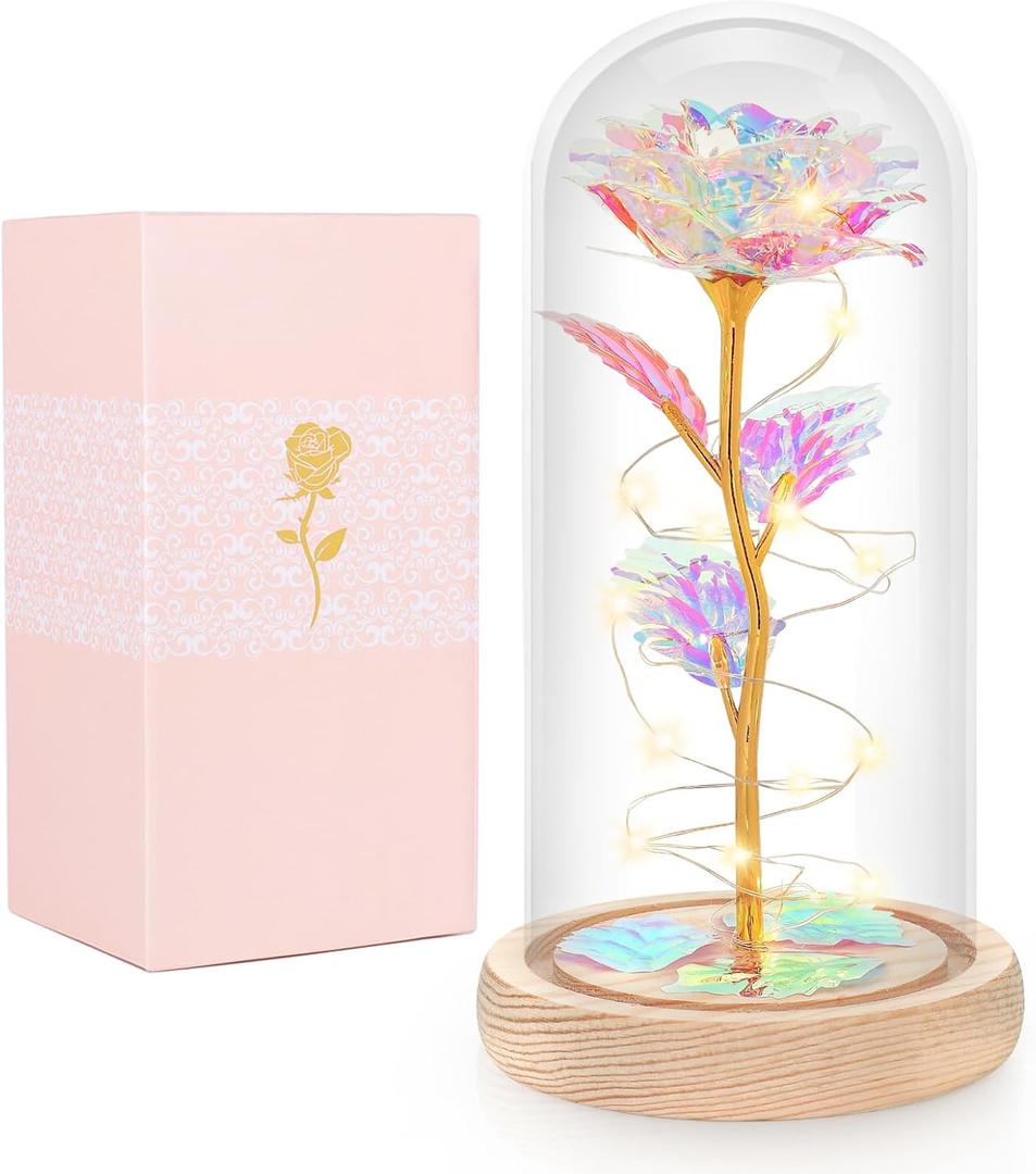 Mothers Day Flowers Gifts for Mom, Birthday Gifts for Women, Galaxy Glass Rose Gifts for Grandma Wife Daughter Artificial Forever Preserved Flowers for Delivery Prime Rose in Glass Dome, Rainbow (Colorful)