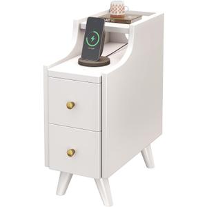 Narrow Nightstand 7.9" for Small Spaces, Solid Wood Night Stand with Drawers Side Table Mid Century Modern End Table for Bedroom (White)