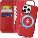 SHIELDON Wallet Case for iPhone 16 Pro Max 6.9", Genuine Leather 2 in 1 Removable Folio Magnetic Wireless Charging RFID Blocking Card Holder Kickstand Compatible with iPhone 16 Pro Max - Retro Red