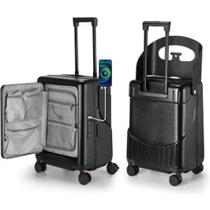 Ride On Luggage with Foldable Seat for Kids&Adults with Seat Belt,Hardshell Ride On Suitcase with Front Pocket,Lockable 4-Spinner Wheels,USB Port,TSA Lock,20 inch,Black