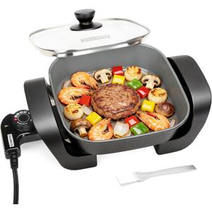 SugarWhisk 8-inch Ceramic Coated Electric Skillet with Lid, Non Stick Skillet Griddle Pan Electric, Rapid Heat Up, 650W, Breakfast Skillet, Kitchen Appliances for Cooking, Graphite