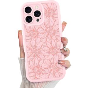 MZELQ for iPhone 16 Pro Max Case, Silicone Sunflower Floral Flower Cute Pattern, Camera Protection Soft Slim Shockproof for Girls Women -Pink