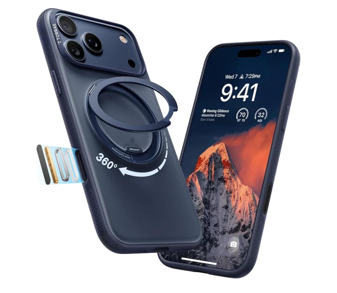 TORRAS for iPhone 17 Pro Case 360 Magnetic Stand O3 Fitness Series, [Fit for MagSafe] [360° Rotating Kickstand] 4X MilGrade Shockproof, Camera Control Button, Slim, Translucent Deep Blue