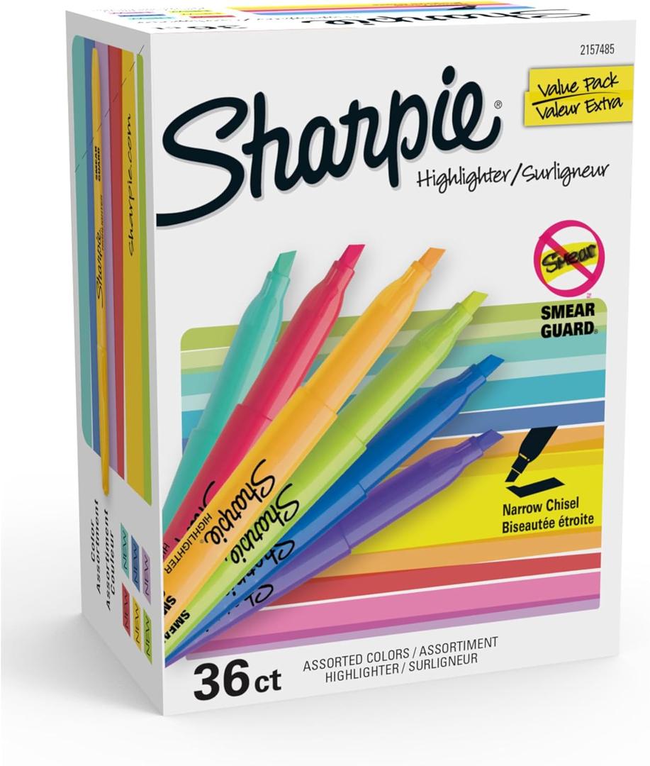 Sharpie Pocket Highlighters, Narrow Chisel Tip, 12 Assorted Fashion Colors, 36 Count - For Studying, Note-Taking, School, College, Office, Student & Teacher Supplies