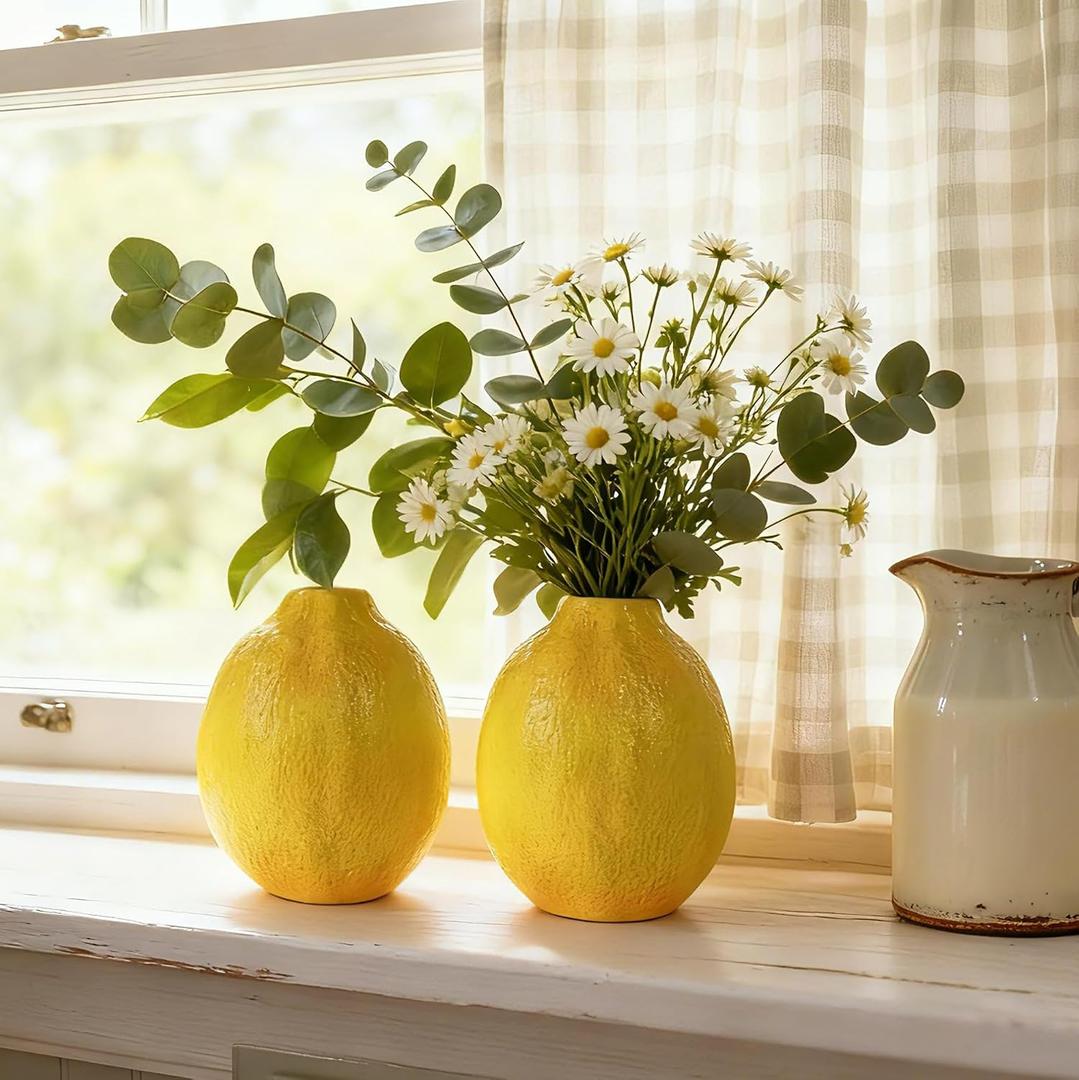 Cynkeyee Unique Lemons Shaped Vase for Decor - Set of 2 Fruit Shaped Vase, Ceramic Vases Decor for Flowers, Fake Lemon Decorations Vases for Centerpieces, Living Room, Kitchen 3.5 x 3.5 x 4.5 Inch