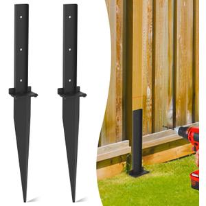 Fence Post Repair Kit, 2-Pack Fence Post Anchor with 3mm Heavy Duty Plate, 15.7-Inch Depth Metal Ground Spikes for Repairing Wood Post, Mailbox, Deck Railing, Black