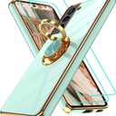 Gritup for Samsung Galaxy S21 Case: with 2Pcs Screen Protector, 360 Rotation Ring Holder Magnetic Kickstand Plating Gold Edge Soft TPU Shockproof Protective Cover for S21, Light Green