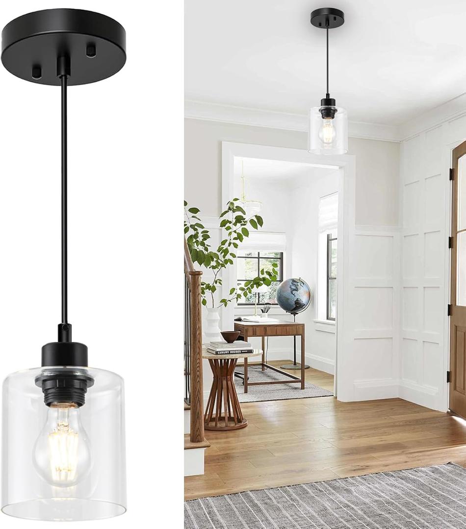 1 Light Pendant Lights Kitchen Island, Modern Farmhouse Hanging Light Fixture, 39Inches Adjustable Black Ceiling Light for Dining Room, E26 Base, Clear Glass Shape