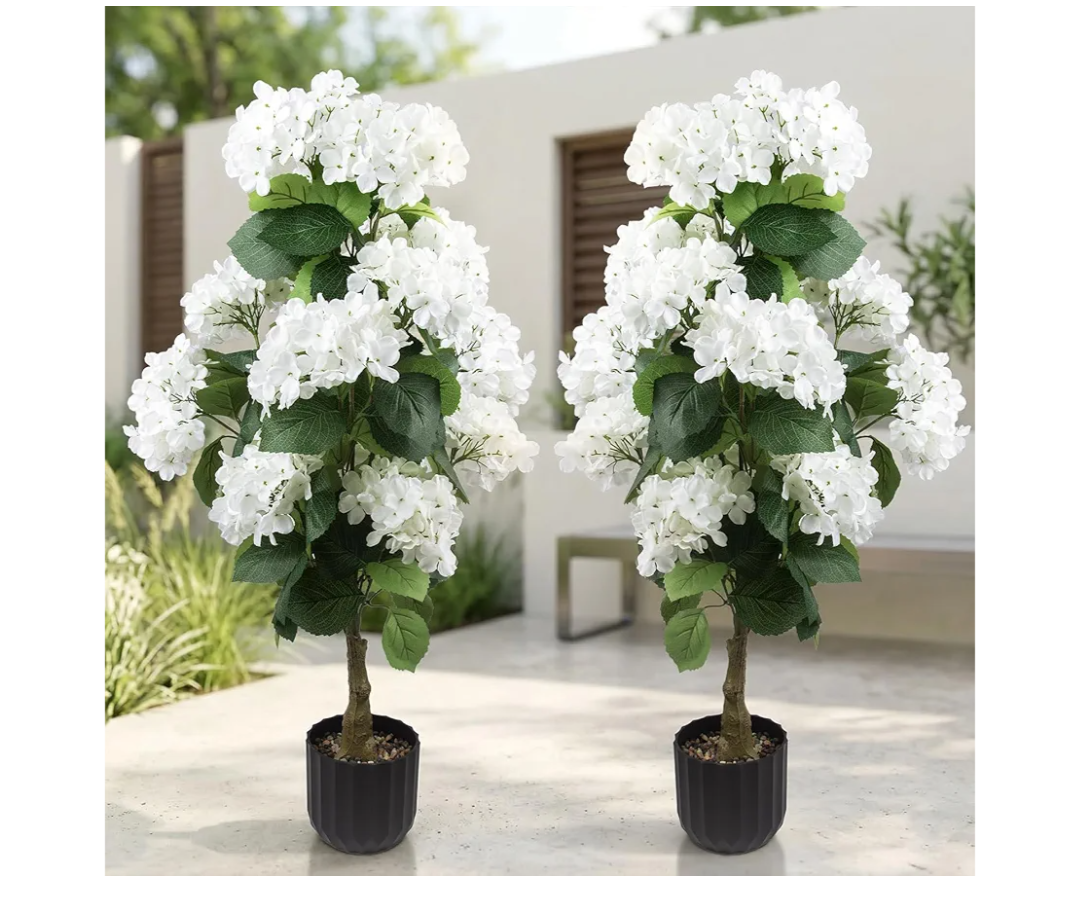 2 Pcs 3 Ft Artificial Hydrangea Trees Potted, UV Resistant Faux Silk Hydrangea Plant in Pot for Indoor Outdoor Decoration, Hydrangea Topiary for Garden Office Home Porch Patio Decor (2, White)