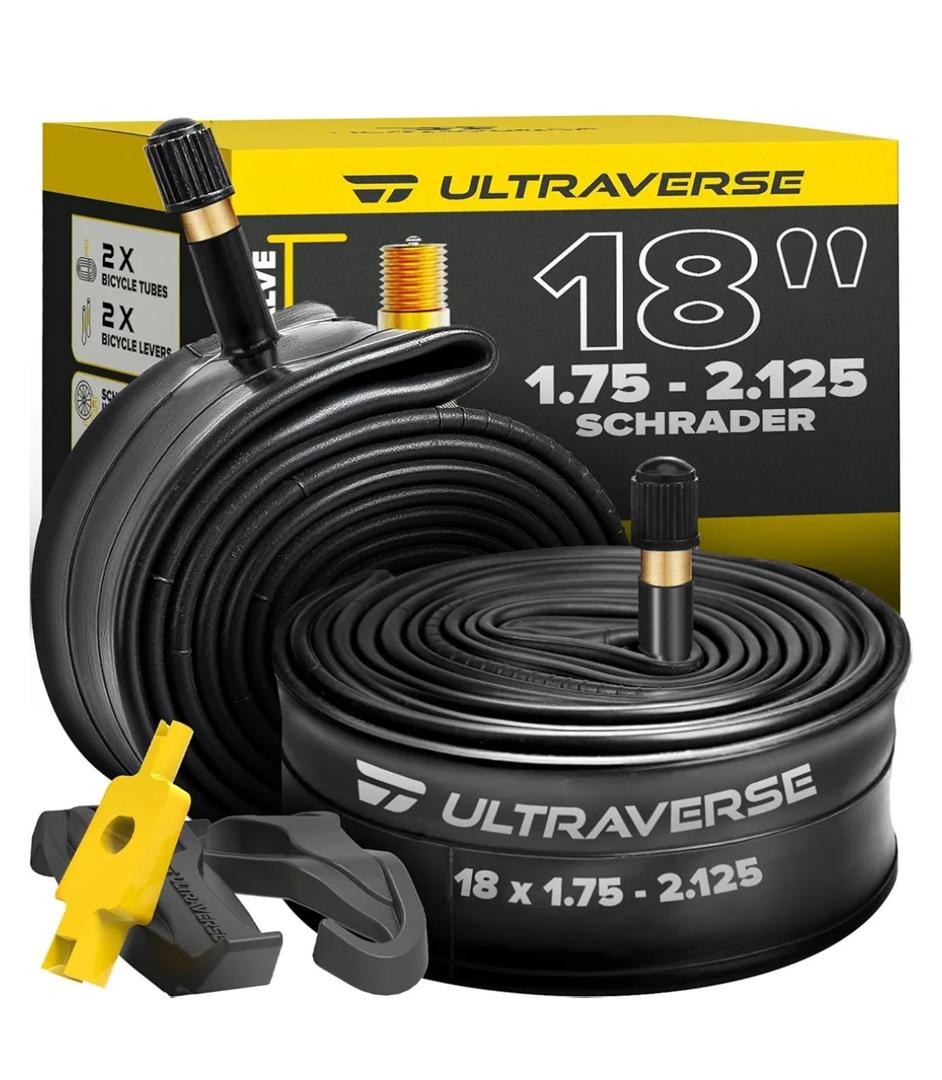 Ultraverse 18" Bike Inner Tubes 18 x 1.75, 1.95, 2.00, 2.10, 2.125 Heavy Duty Butyl Rubber withSchrader Valve – Replacement Bicycle Tube Compatible with Kids, BMX, Cruiser, Mountain Bikes – Set of 2