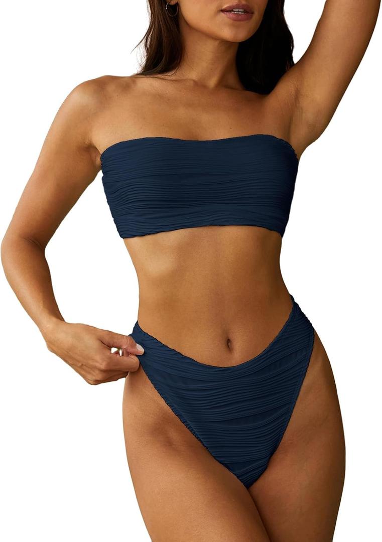 ZAFUL Women Strapless Textured Bandeau Bikini 2 Piece Swimwear Cheeky Solid Lace up Bathing Suits (Large, 1-m Navy Blue)