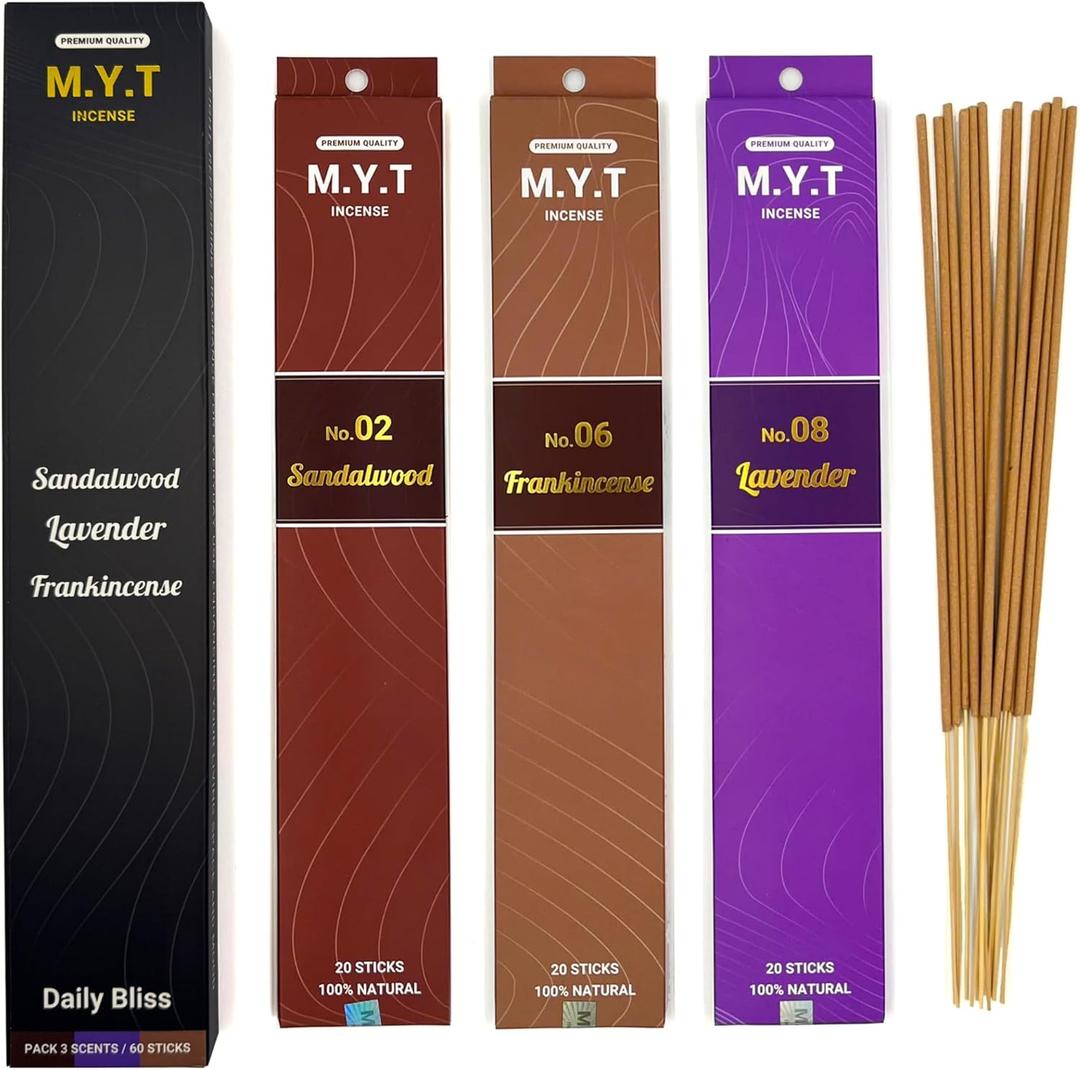 M.Y.T Natural Incense Gift Set  Sandalwood, Lavender, Frankincense  Long-Lasting, Low Smoke  Relaxation, Meditation, Odor Removing  25g x 3 Packs