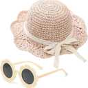 Girls Straw Hat with Flower Round Sunglasses, Summer Foldable Large Brim Sunflower Bowknot Beach Toddler Straw Sun Hat, 2-6T