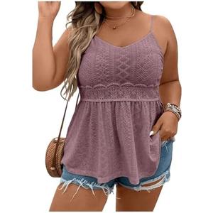 SHENHE Women's Plus Size V Neck Eyelet Cami Peplum Top Spaghetti Strap Ruffle Boho Tank Top, Size Large 