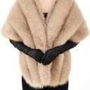 Zhanmai 2 Pcs Winter Faux Fur Long Shawl Cloak Stretchy Satin Glove Opera Bridal Dance Gloves for Women Dress Party Coat(Standard, Stylish, Light Beige)