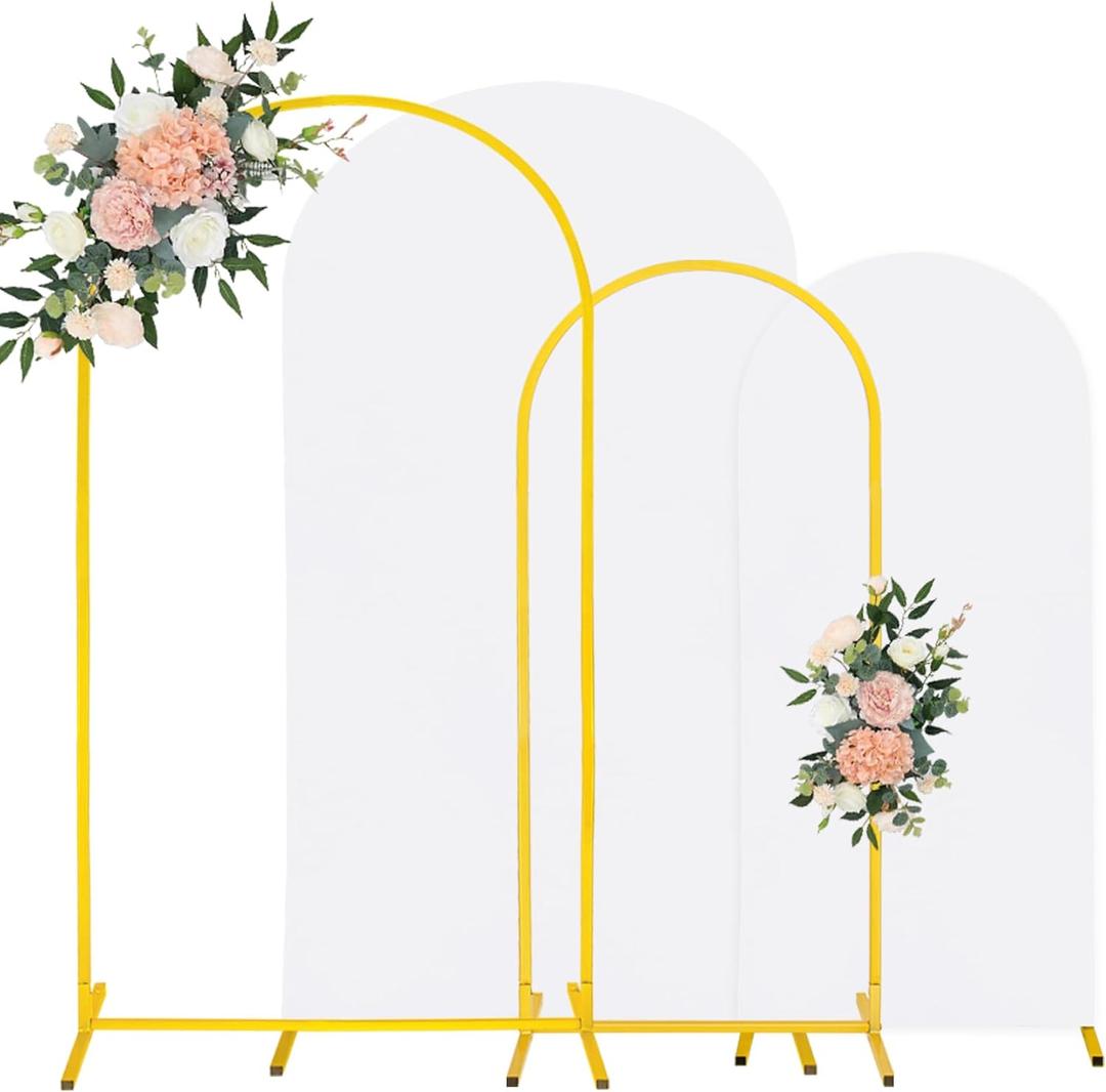 7.2FT, 6FT Wedding Arch Stand and Matching White Spandex Fitted Arch Backdrop Cover Set, Round Top Chiara Backdrop Stands and Covers for Birthday Party Baby Shower Banquet Arch Decor (White)
