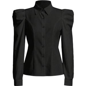 Floerns Women's Elegant Puff Long Sleeve Collared Shirts Button Down Dressy Blouse Top (Black), S