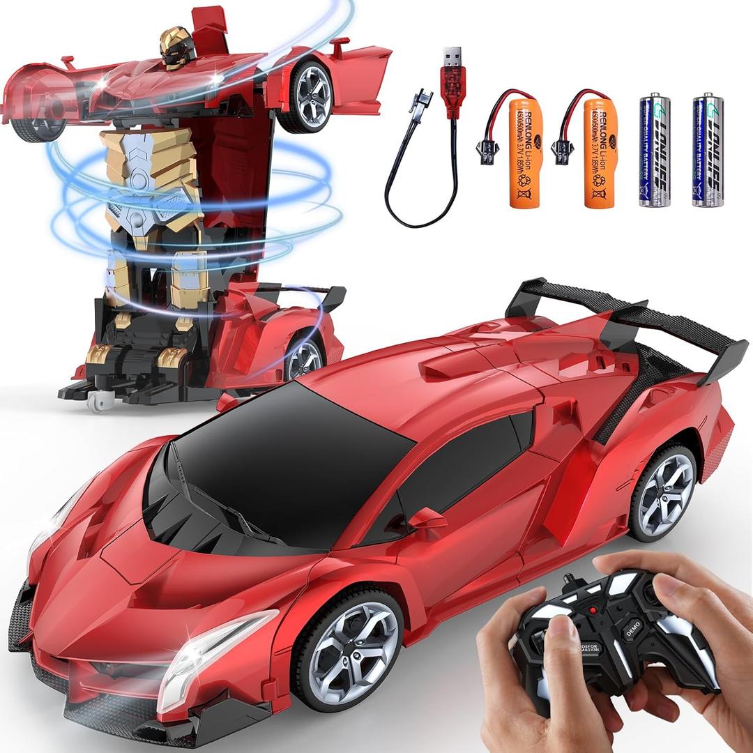 KKM Remote Control Car Toy, 2.4Ghz Transform Robot RC Cars with Flashing Light, 1:18 Scale One Button Deformation Toy Gift Car & 360 Rotating Drifting RC Toy Car for Age 6-12 Years Boy Kids-Red