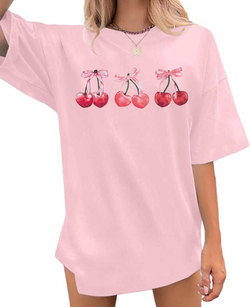 Pink Bow Cherries Shirt Women: Coquette Tops Clean Girl Aesthetic Shirts Casual Summer Short Sleeve Tshirt (X-Large)