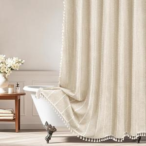 Seenus Boho Farmhouse Linen Shower Curtain with Tassels, Heavyweight Soft Fabric Shower Curtain Beige Water Repellent, 72 x 72 Inch Cream Elegant Bathroom Decor Shower Curtains Cotton Striped