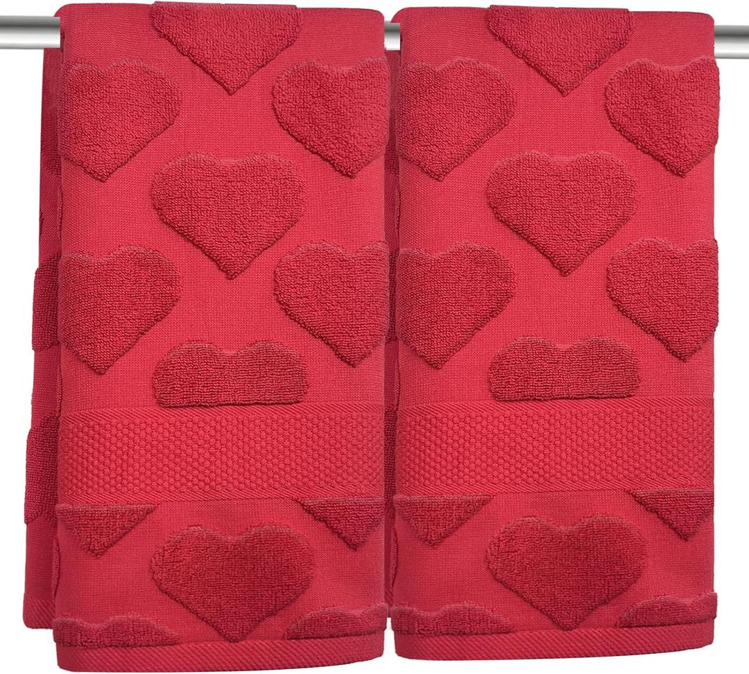 2 Pcs 3D Heart Valentines Day Hand Towels for Bathroom 100% Cotton Red Jacquard Decorative Bath Towels Holiday Kitchen Dish Towels Valentines Bathroom Decor Gift 13.7 x 29.5 Inch (Red)