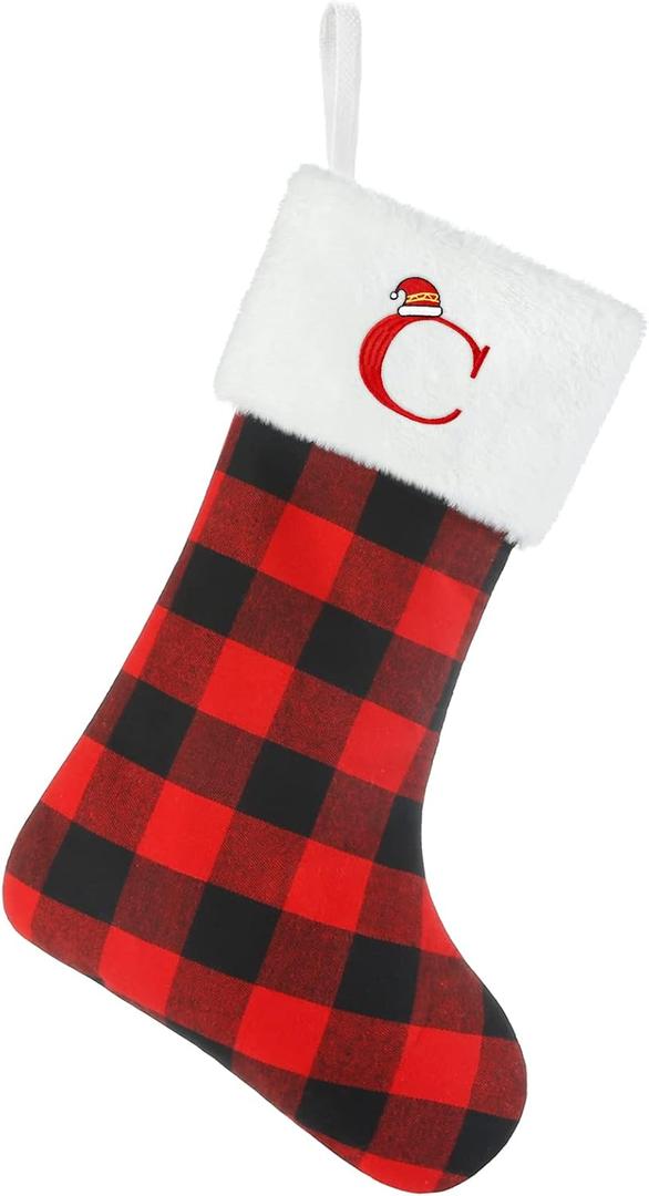 Senneny Christmas Stockings with Initials, 20 Inch Large Red Black Buffalo Plaid Monogram Xmas Stockings with White Plush Faux Fur Cuff, Christmas Decorations for Family Holiday Party, Letter C