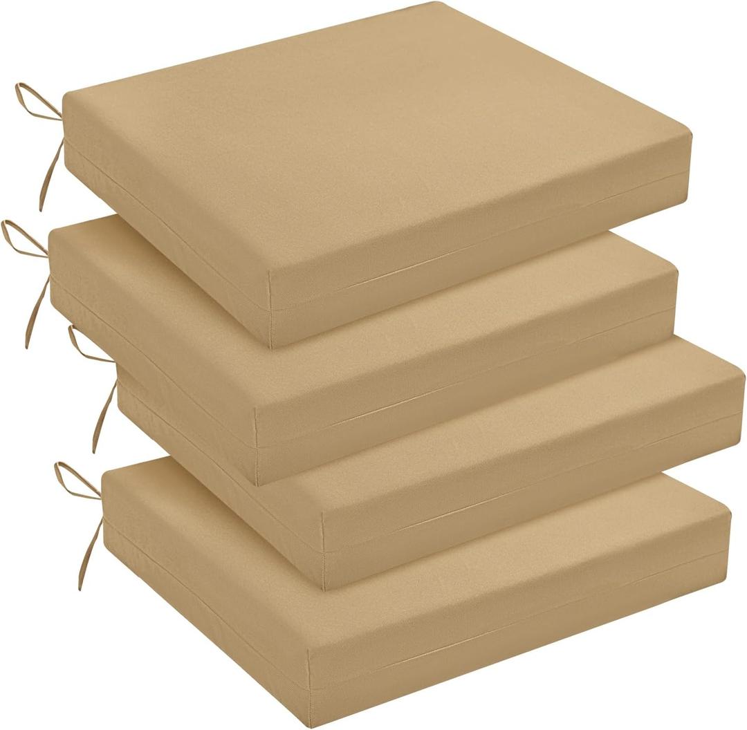 downluxe Outdoor Chair Cushions Set of 4 for Patio Furniture, Water-Resistant Square Corner Patio Chair Cushions with Ties, High Density Foam Outdoor Seat Cushion, 18.5" X 16" X 3", Khaki