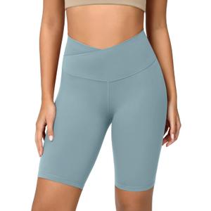 ODODOS Women's Crossover Yoga Shorts with Back Pocket, 8" Buttery Soft V High Waist Lounge Biker Shorts, Chambray, Large (L)