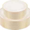 PULOTE 60 PCS Ivory Plastic Plates - Cream Plastic Disposable Include 30 Dinner and 30 Dessert Plates with Gold Rim - Ideal for Party & Wedding