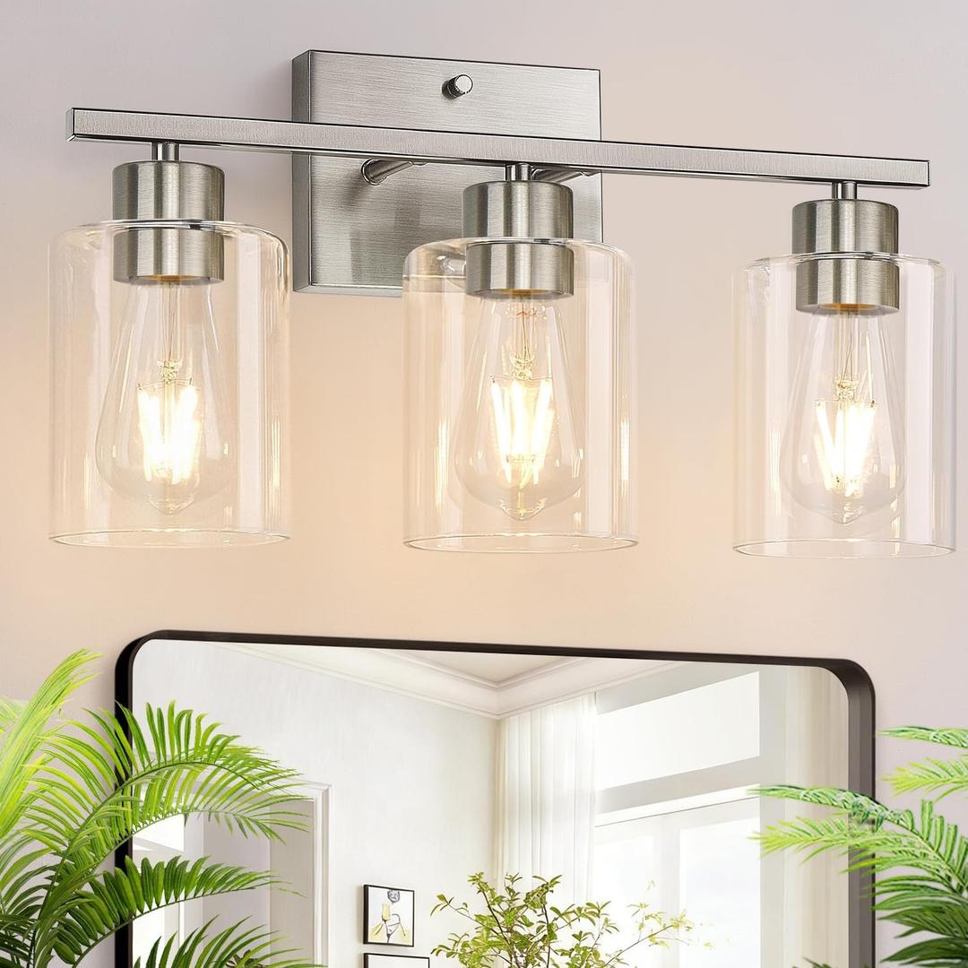 3-Light Bathroom Light Fixtures, Brushed Nickel Vanity Lights, Bathroom Lighting with Clear Glass Shade, Vanity Lighting fixtures for Mirror Kitchen Bedroom Hallway Living Room