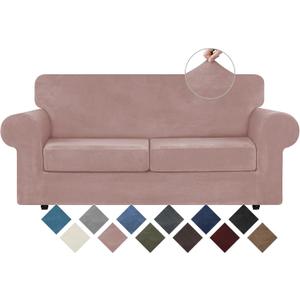 WEERRW Velvet Couch Covers for 2 Cushion Couch Sofa - High Stretch Luxury Velvet Plush 3 Pieces Sofa Slipcovers with Elastic Bottom, Furniture Protector for Pets, Machine Washable, Pink, Medium