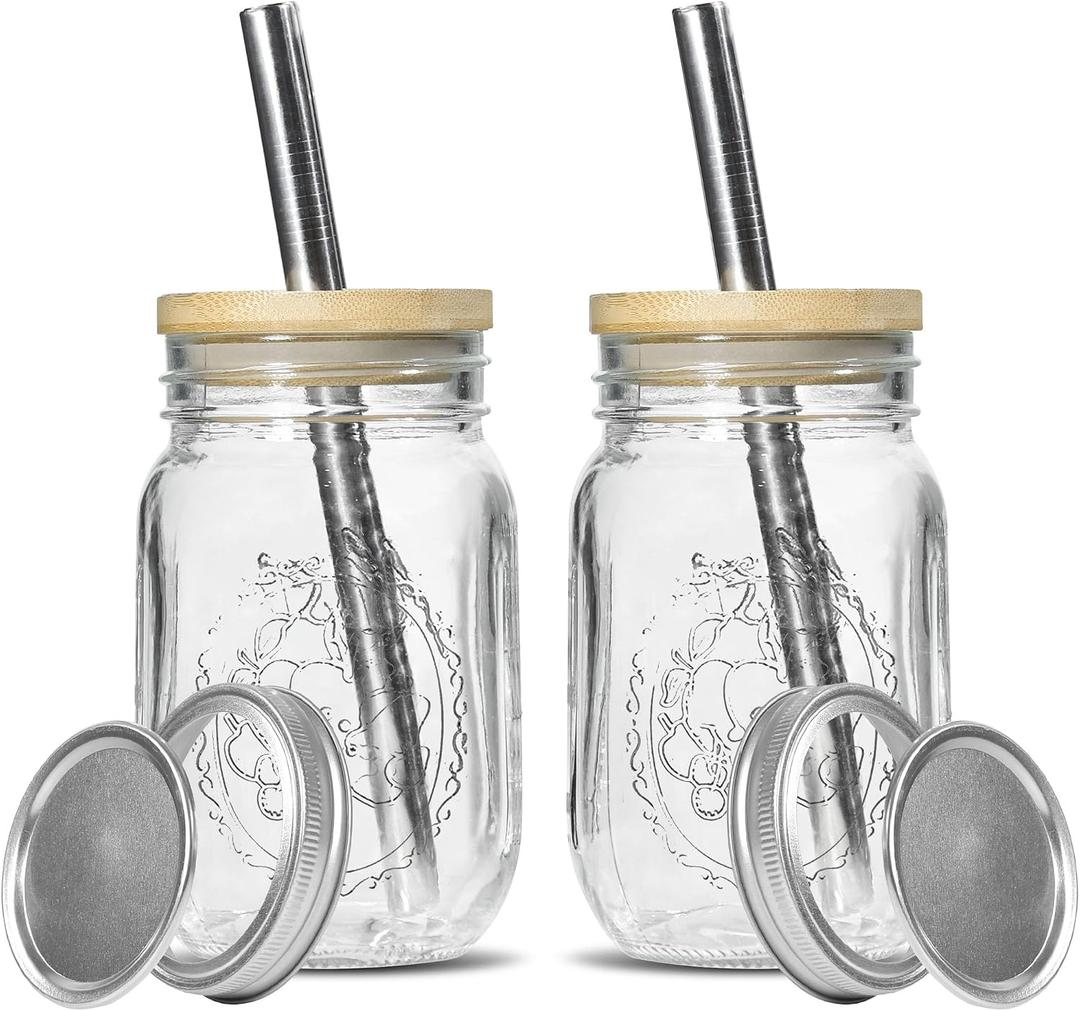 16oz Glass Mason Cup with Bamboo Lids, 2Pack Wide Mouth Mason Jars, Boba Cups with Lids and Straw, for Iced Coffee Juice Milkshake Tea 