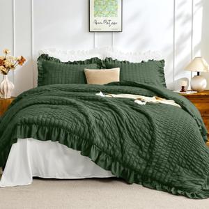 JOLLYVOGUE Olive Green King Comforter Set,3pcs Seersucker Comforters King