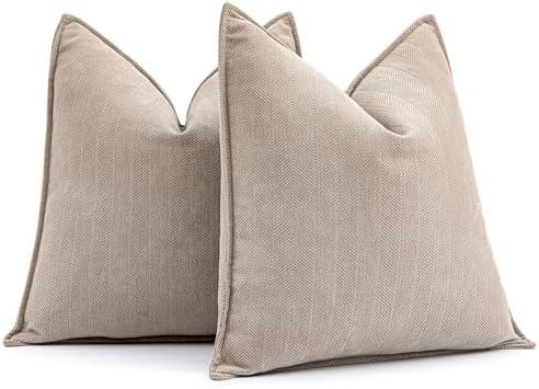 MIULEE Pack of 2 Beige Decorative Pillow Covers 18x18 Inch Soft Chenille Luxurious Couch Throw Pillows Farmhouse Cushion Covers with Elegant Design for Sofa Bedroom Living Room Home Decor