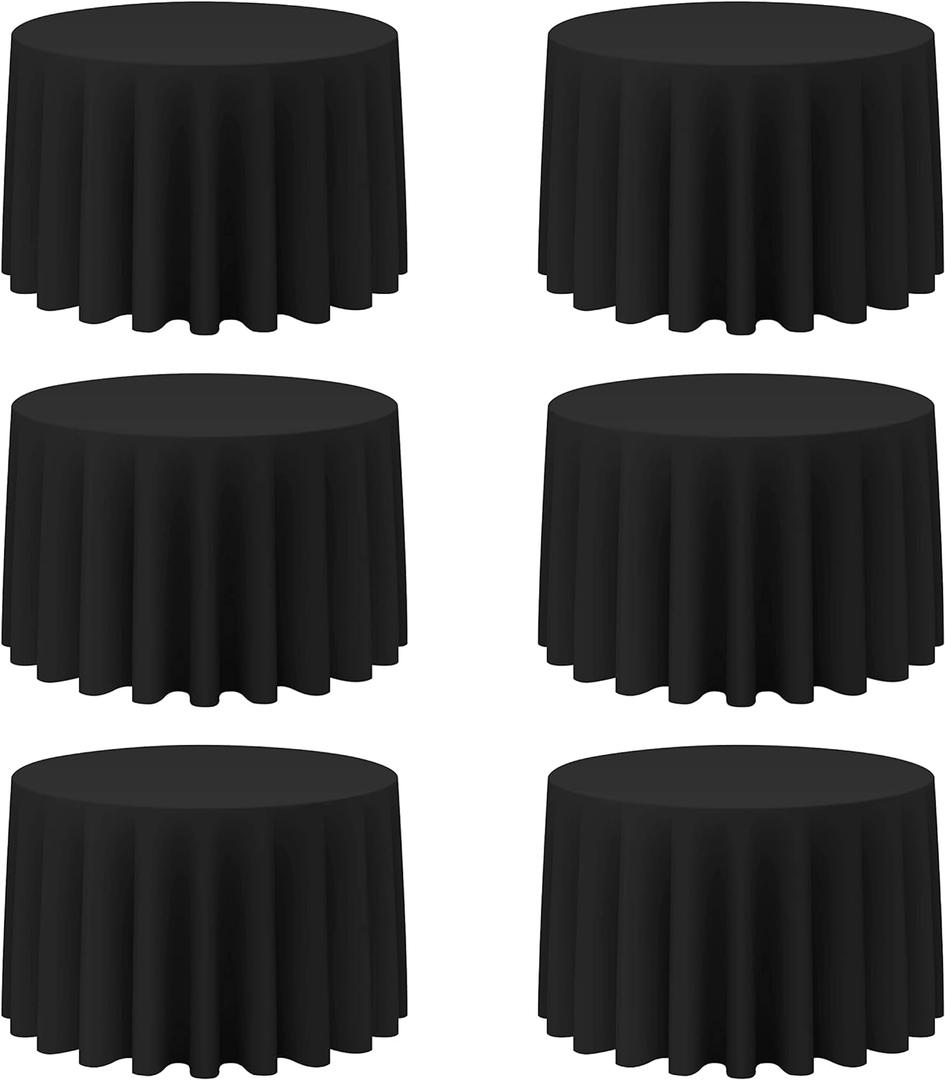 BRILLMAX 6 Pack Black Round Tablecloths 108 Inch for 48 Tables - 150 GSM Polyester Fabric, Floor Length Drop, Water, Stain & Wrinkle Resistant Cloth Cover for Wedding Reception Banquet Dining