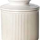 Getstar Large Ceramic Butter Crock with Lid for Countertop, 6OZ French Butter Dish Keeper for Spreadable Butter Water Seal with Elegant Embossed Pattern, Cream White