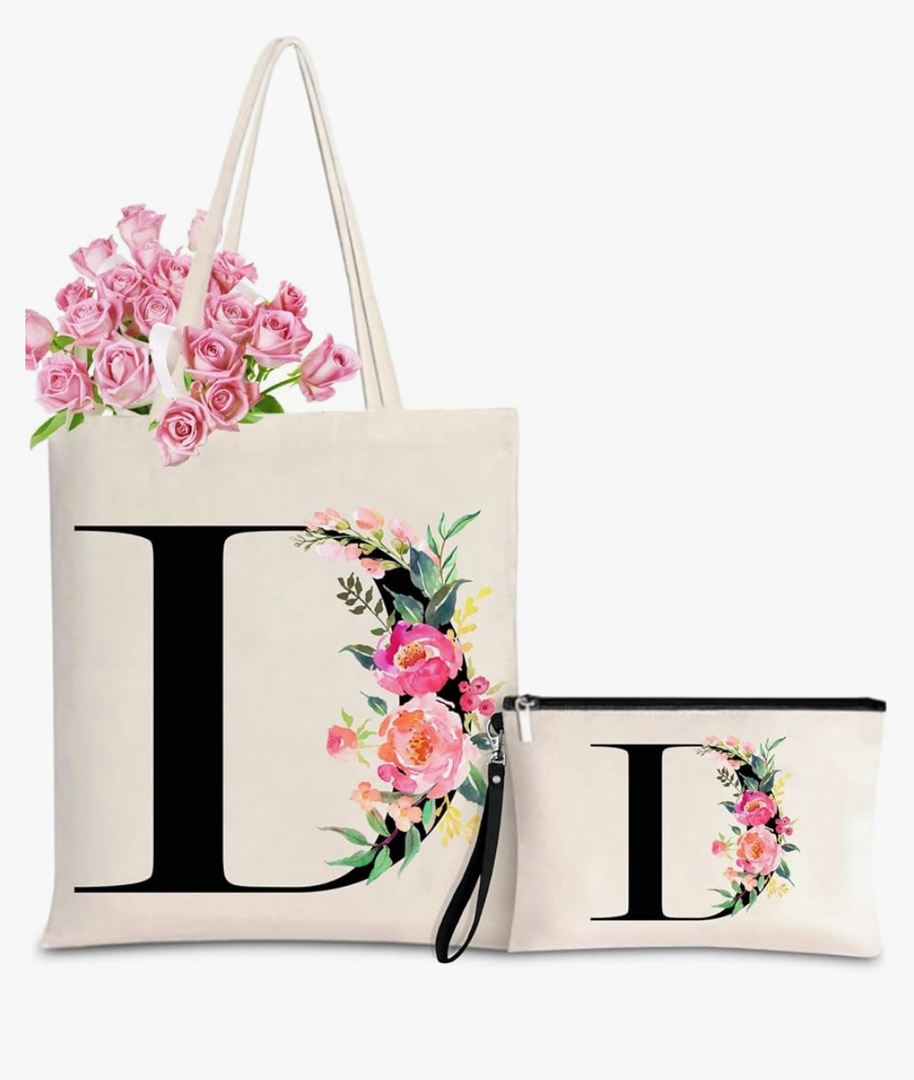 Initial Canvas Tote Bag for Women, Personalized Monogrammed Tote Bags with Makeup Gift Bag for Wedding Bridesmaids Birthday
