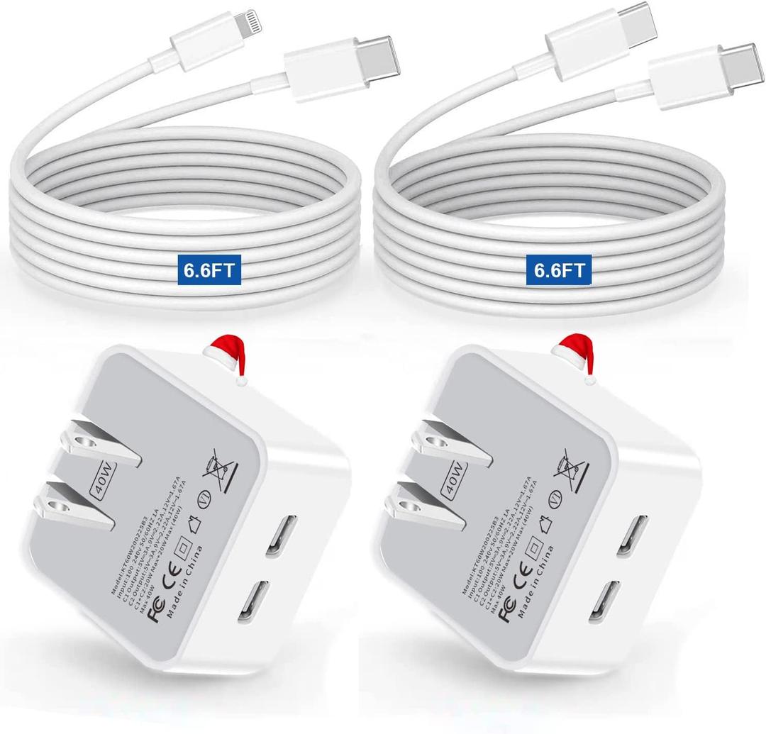 40W Dual USB C Wall Charger, for iPhone 16 15 14 13 12 11 Pro Max Mini iPad Double Port Type-C Fast Charging Block, 20W+20W Compact Power Adapter with 2-Pack USB-C to USB-C 6FT Cables
