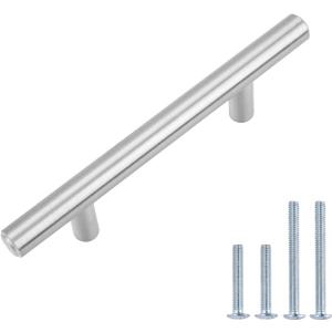 Amazon Basics Euro Bar Cabinet Handle (1/2-inch Diameter), 5.38-inch Length (3-inch Hole Center), Satin Nickel, 25-Pack