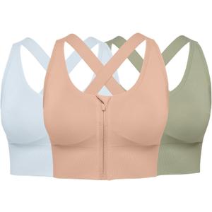 Womens Sports Bras Pack - Padded Front Zipper Longline Push Up Cross Back Low Impact Yoga Workout Post Surgery Sport Bra Multipack, L 