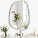 Large Green Wall Mirror Asymmetrical Irregular Wood Frame Mirror Modern Unique Wall-Mounted Artistic Oval Shape Mirror Decor for Bathroom Vanity Bedroom Living Room Entryway Hallway, Size 26"L x 18"W