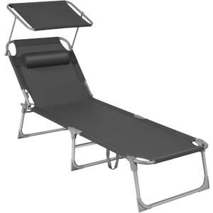 SONGMICS Sun Lounger, Patio Chaise Lounge Chair, Folding, with Canopy, 76 x 20.9 x 11.4 Inches, Holds 330 lb, Headrest, Adjustable Backrest, Outdoor Garden Pool, Dark Gray UGCB19UV1, 193 X 53 X 29 Cm