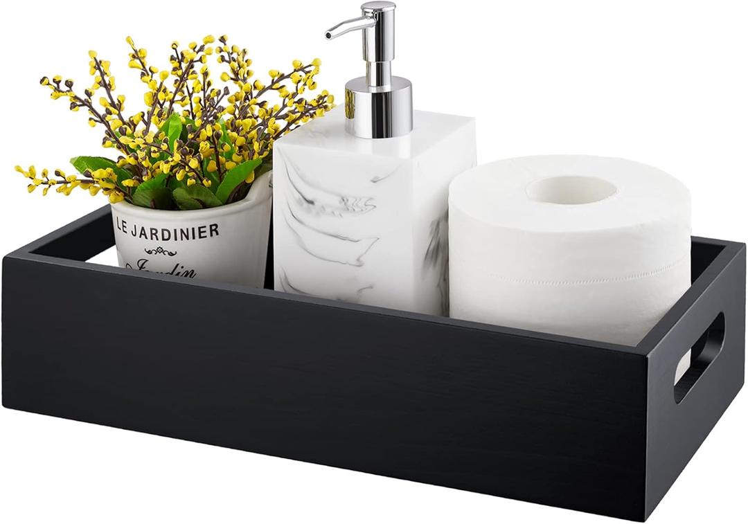 ALELION Black Bathroom Basket - Wooden Toilet Tank Paper Basket with Handle for Organizing - Back of Toilet Storage Organizer for Bathroom Tank Topper Counter - Black Bathroom Decor Box (13 Inch)