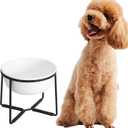 Ceramic Elevated Dog Food Bowl - Raised Feeding Bowl with Metal Stand - Pet Dish for Small and Medium Dogs - 2 Cups - 27 fl oz - Matte White