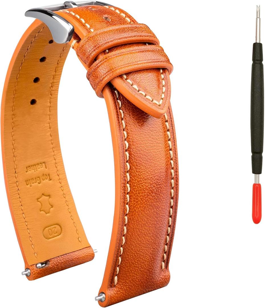 Quick Release Leather Watch Band, Two Tone Oil-tanned Top Grain Leather Watch Straps 18mm 20mm 21mm 22mm Replacement Watch Belt for Men Women (Cognac / Silver Buckle)