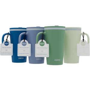 Copco Cone Travel Coffee Mug, 16 oz (Set of 4) - Insulated Drinkware with Spill-Proof Lid and Handle, Microwave & Dishwasher Safe - BPA-Free, Compact for Desk & Cup Holder Friendly (Assorted Colors) (Blue)