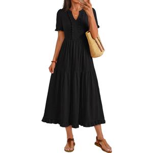 MEROKEETY Women's 2026 Summer Casual Midi Dress Short Sleeve V Neck A Line Flowy Tiered Vacation Beach Dresses (Black, XL)