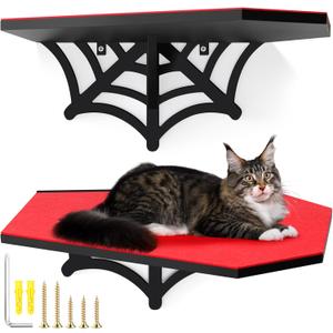 Gemscream Gothic Wall Mounted Halloween Shelf Coffin Spider Web Style Cat Tree Wall Load Bearing up to 30 Lbs/ 14 kg Black Cat for Indoor